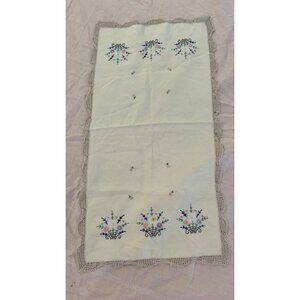 Embroidered Floral Basket Linen Table dresser Runner Vintage Crocheted Lace Edge